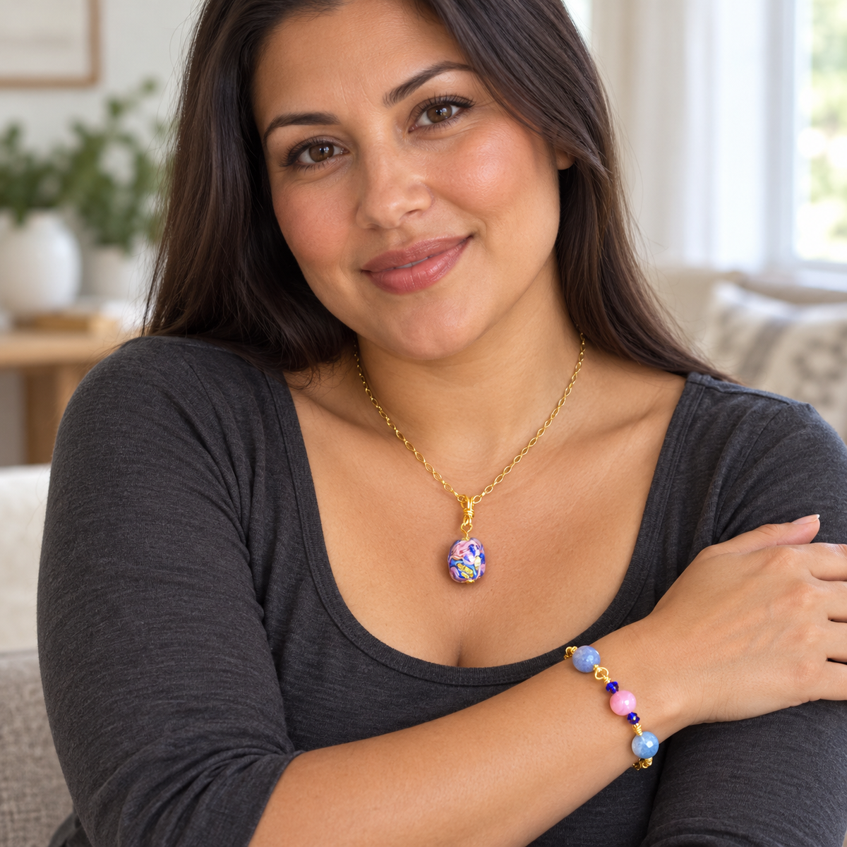 Swirl of Stardust Collection -Handmade Matching Artisan Glass Bead Necklace and Agate and Glass Link Bracelet