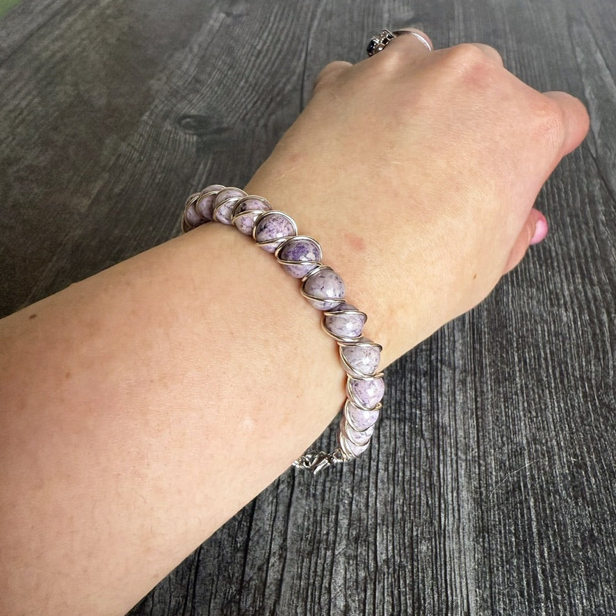 Twilight Petals Bracelet - Lepidolite Beaded Bracelet with Wire Wrapping