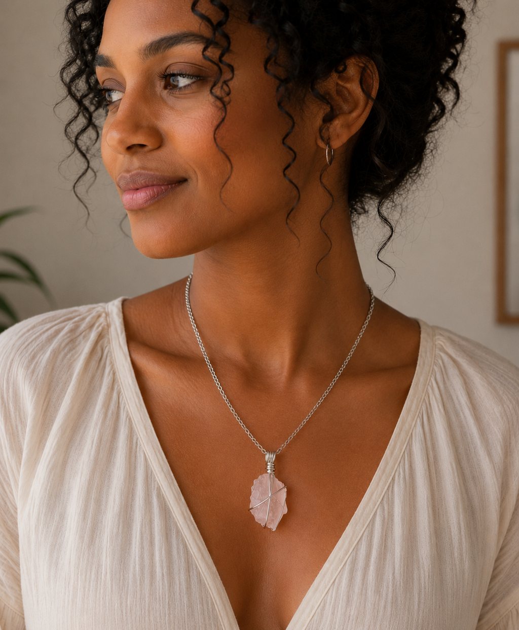 Timeless Rose Necklace - Handmade Simple Wire Wrapped Rose Quartz Pendant