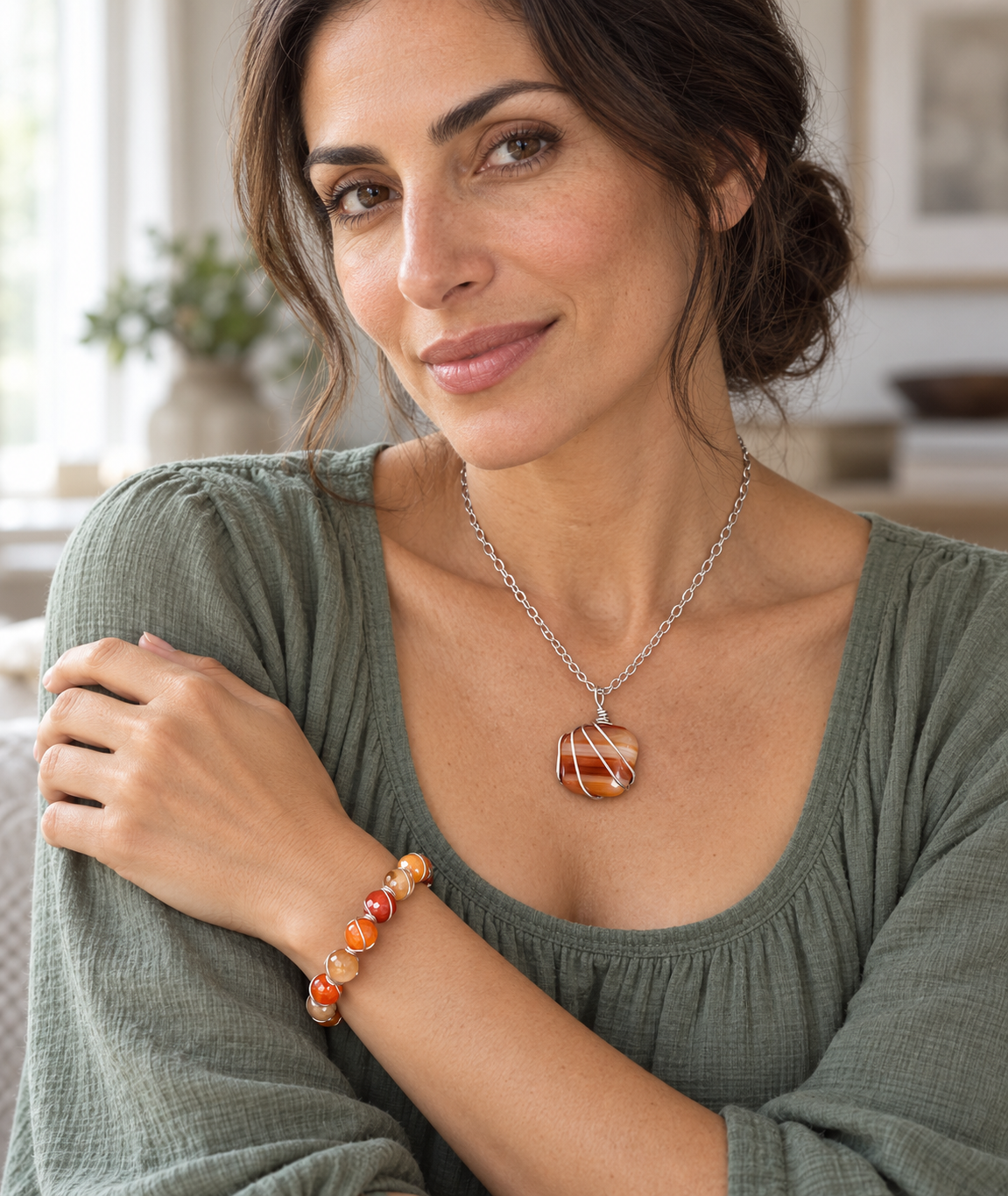 Solar Ember Collection - Matching Carnelian Agate Pendant Necklace and Carnelian Beaded, Wire Wrappec Bracelet