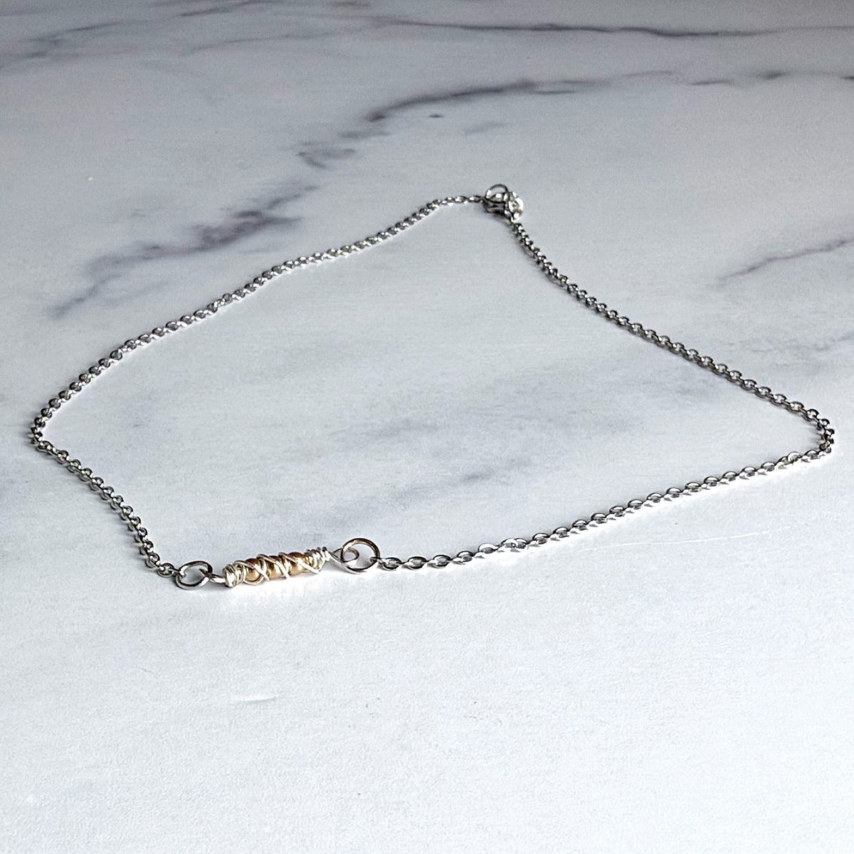 Silver and Gold Necklace -Beaded necklace with red, white and green pearls