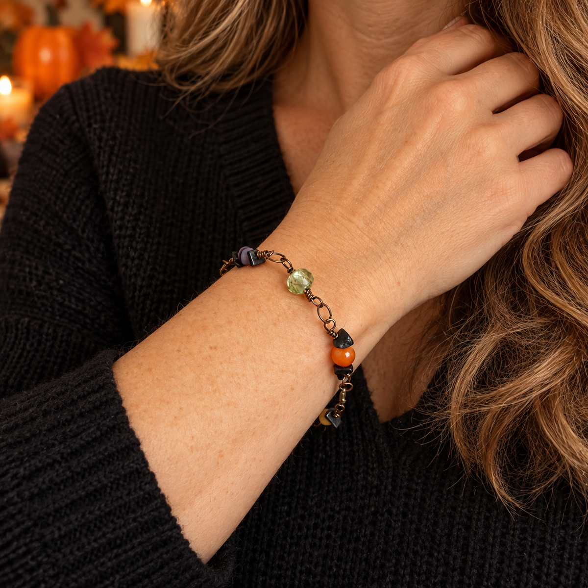 Hallow's Dawn Bracelet -Handmade Citrine, Obsidian and Agate Link Bracelet