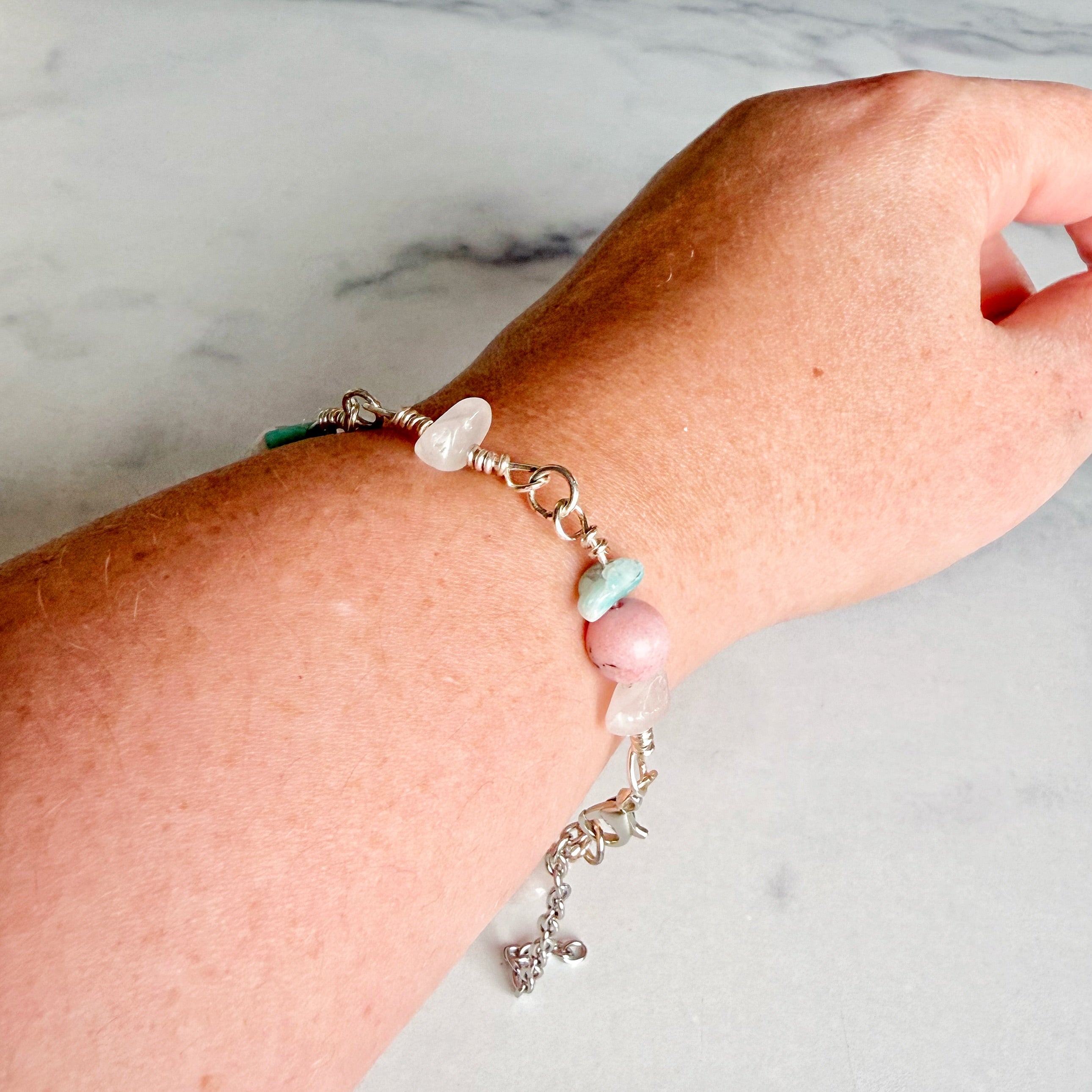 Pastel Primrose Bracelet -Link Bracelet - Blue Howlite and White Malaysia Jade  Pink Agate Beads