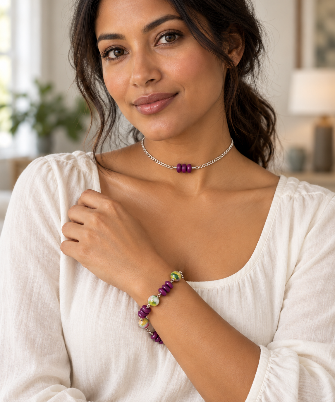 "Simply Rustic" Segments Collection - Matching Necklace and Bracelet Set - Beaded Bar Necklace and Link Bracelet