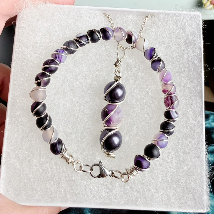 Plum Purple Collection - Matching Agate Necklace and Bracelet Set.