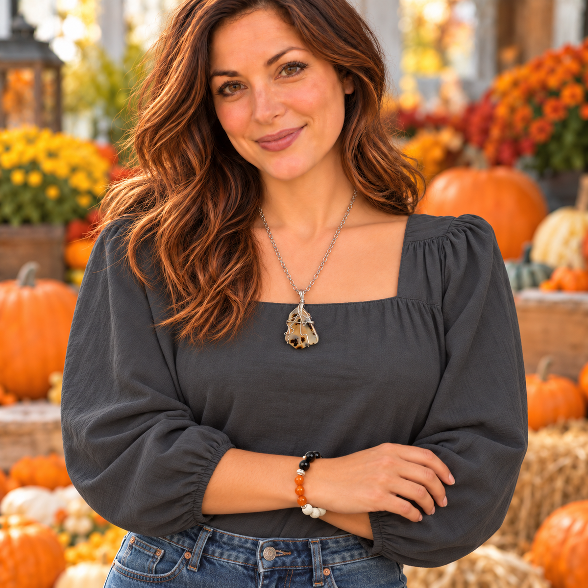 Drop Dead Gourd-eous Collection - Handmade Matching Montana Agate Necklace and Obsidian Bracelet