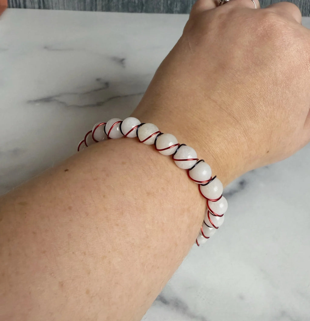 Red, White and Beautiful Bracelet -Wire Wrapped Selenite Bracelet - Simply Rustic Jewelry