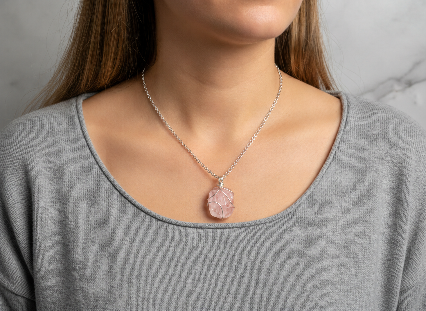 Pride Gems Necklace - Handmade Simple Wire Wrapped Rose Quartz Pendant Necklace