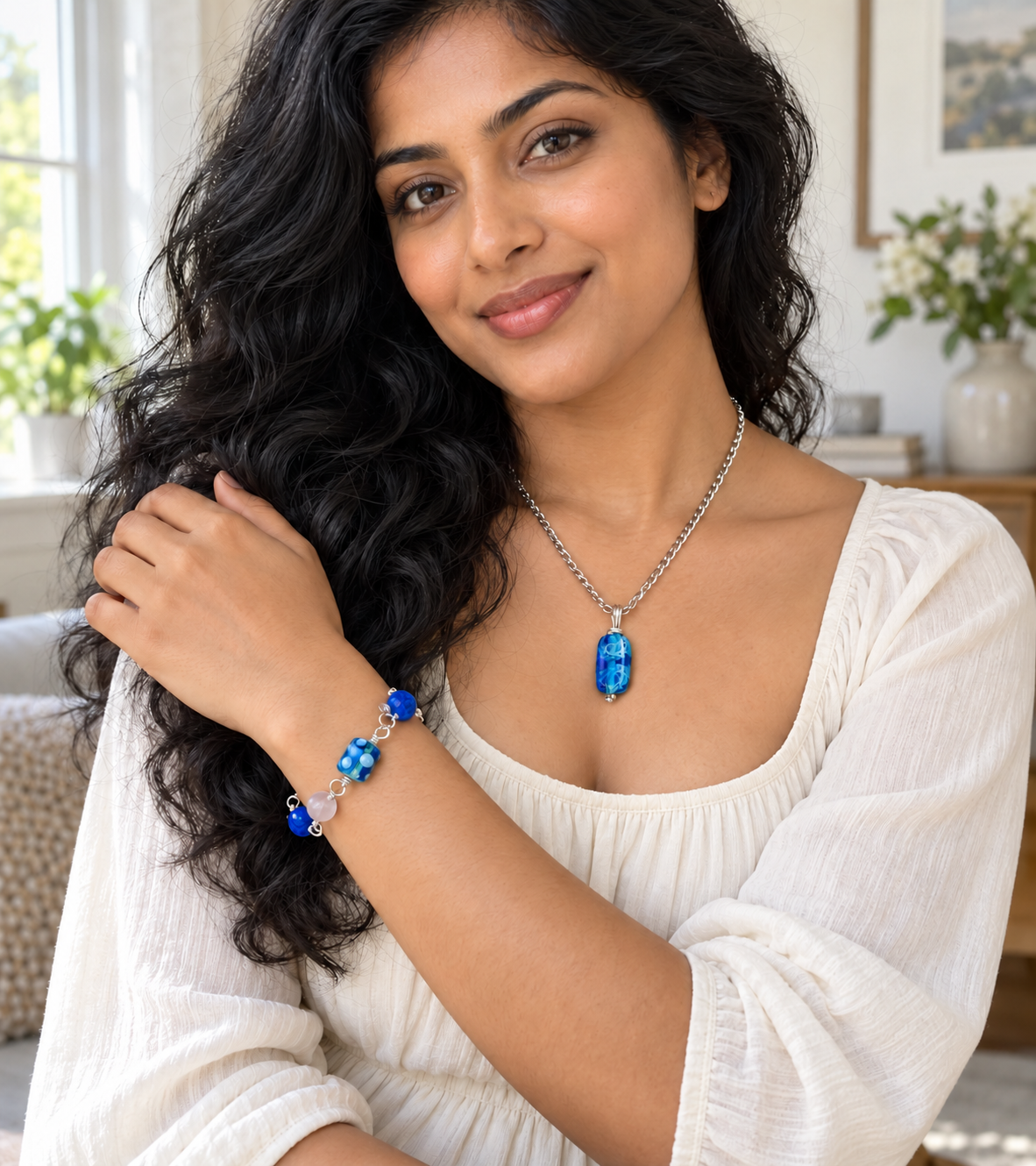 Ocean Blue Collection -Handmade Matching Glass Bead Necklace and Glass Beaded Link Bracelet Set