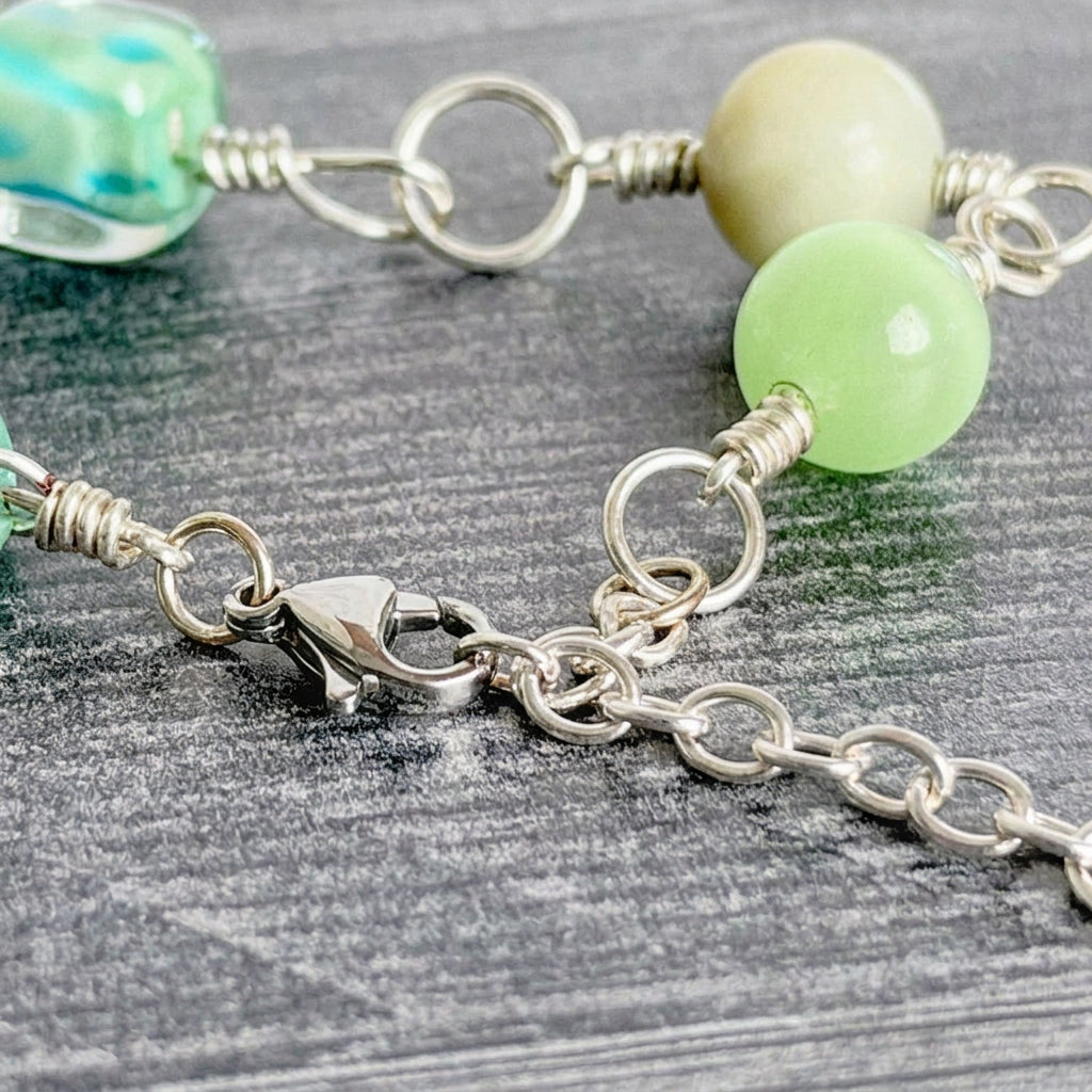 Dewdrops and Lilypads Bracelet - Amazonite and Glass Link Bracelet