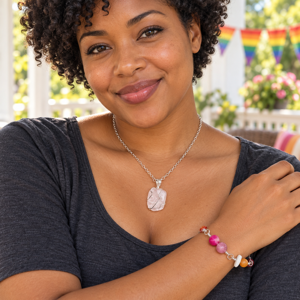 Pride Gems Collection -Matching Rose Quartz Necklace and Glass Beaded Link Bracelet Set
