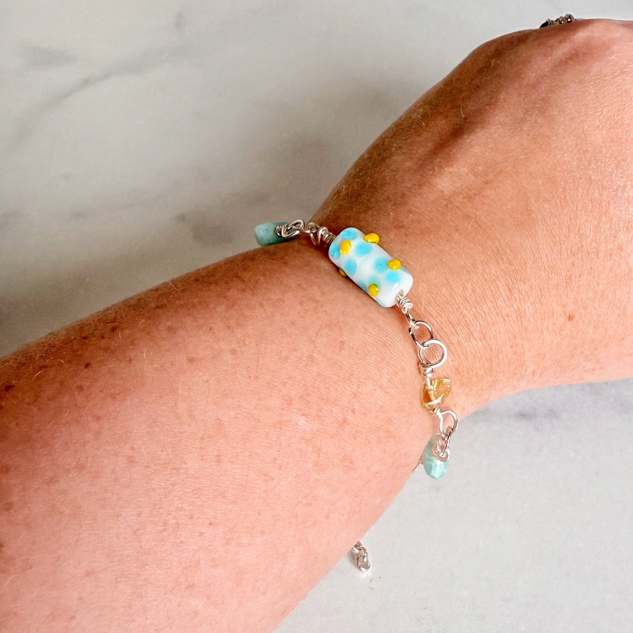 Turquoise Petal Harmony Bracelet- Amazonite, Citrate and Glass Link Bracelet