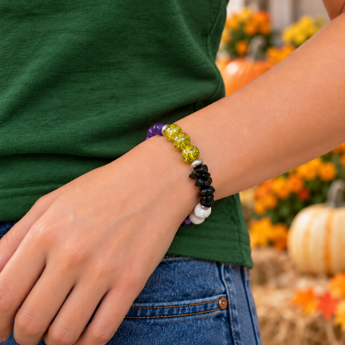 Nocturnal Whispers Bracelet - Simple Beaded Bracelet - Lava Rock, Crackle Glass and Sage Beads