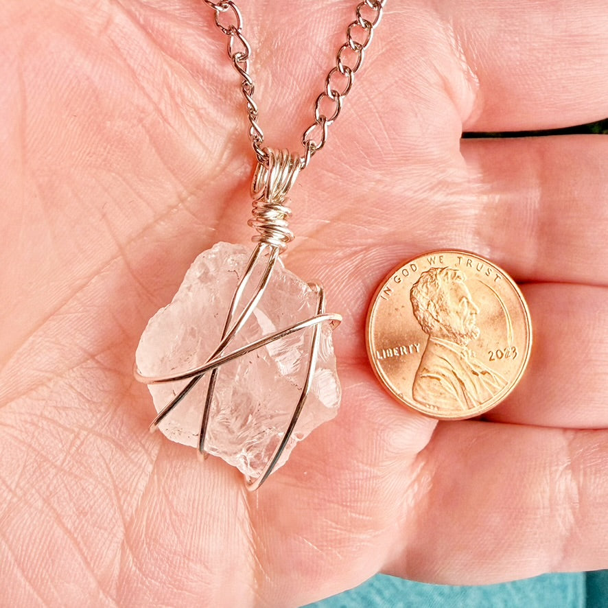 Timeless Rose Necklace - Handmade Simple Wire Wrapped Rose Quartz Pendant