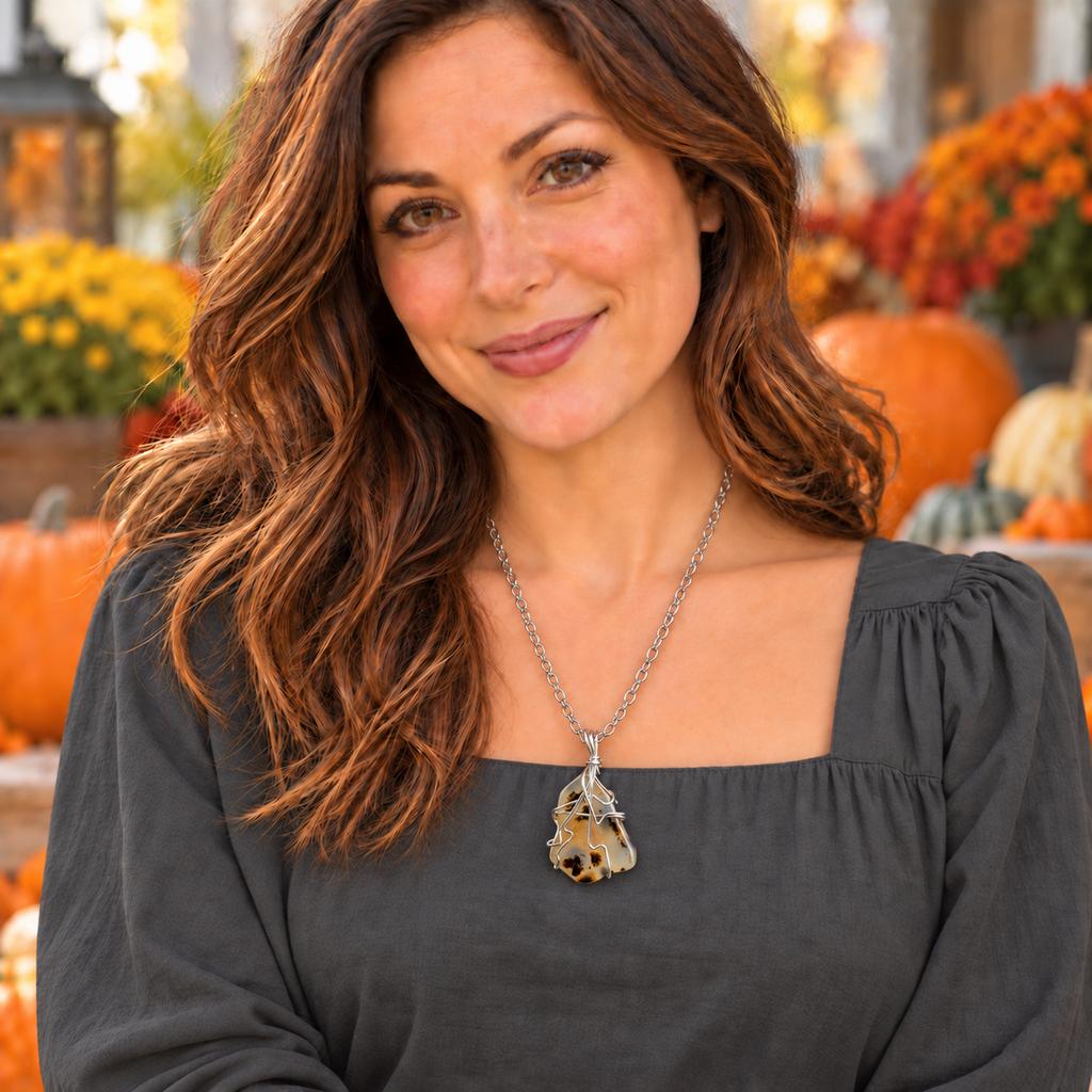 Drop Dead Gourd-eous Collection - Handmade Matching Montana Agate Necklace and Obsidian Bracelet