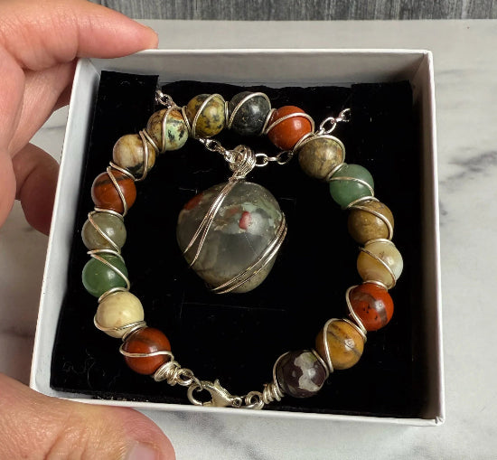 Tinsel And Timber Collection -Handmade Matching Bloodstone Necklace and Agate Wire Wrapped Bracelet Set - Simply Rustic Jewelry