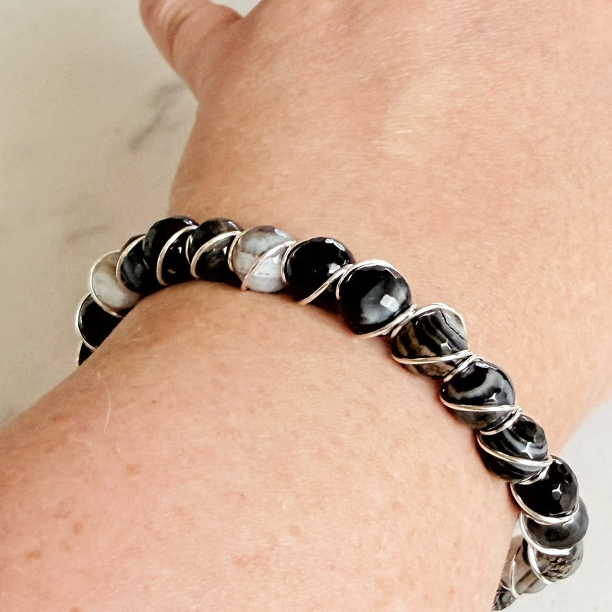 A Touch of Moonlight -  Blue Chalcedony Wire Wrapped Beaded Bracelet