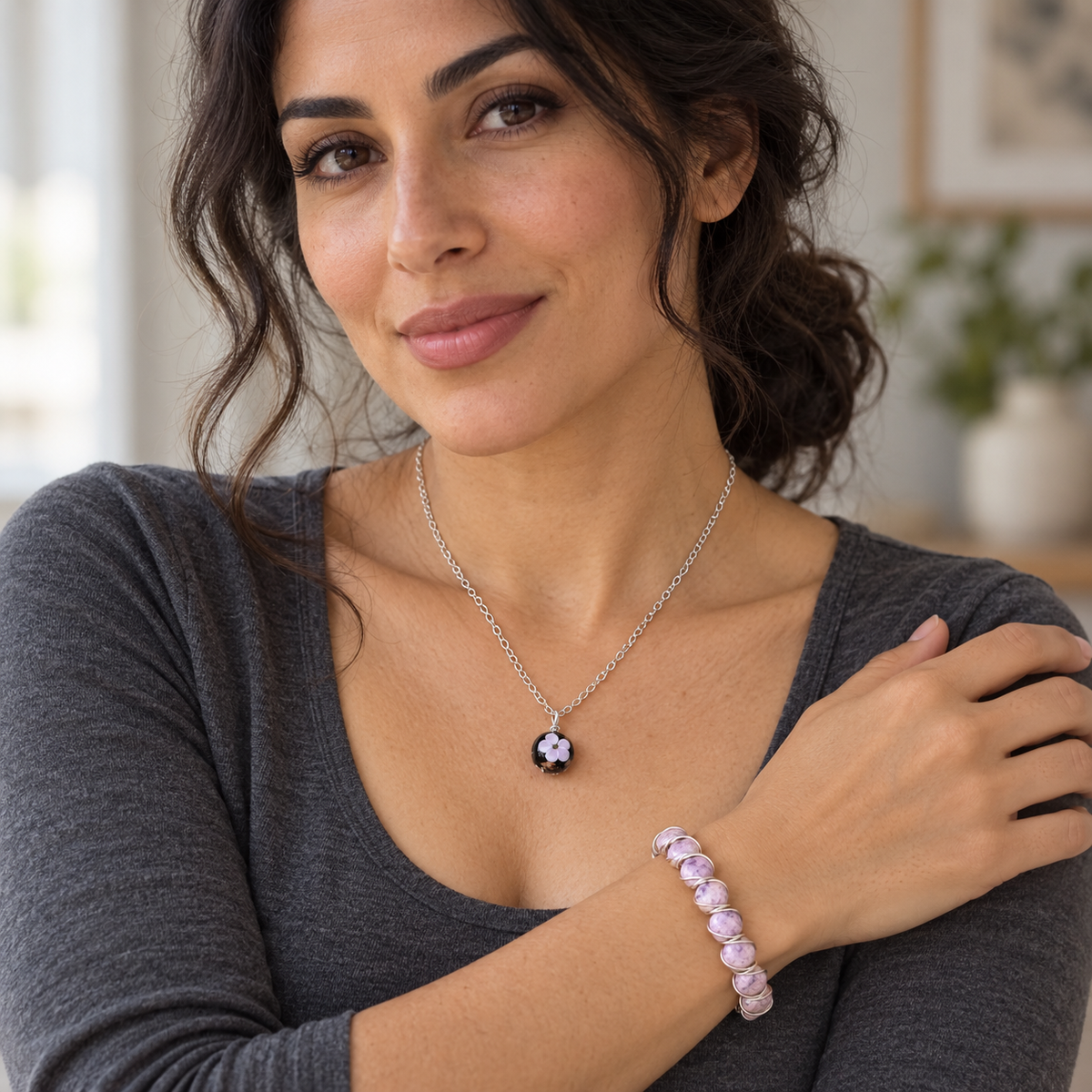 Twilight Petals Collection - Handmade Glass Pendant Necklace and Lepidolite Bracelet With Wire Wrapping