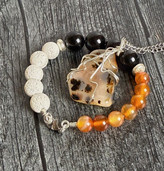 Drop Dead Gourd-eous Collection - Handmade Matching Montana Agate Necklace and Obsidian Bracelet