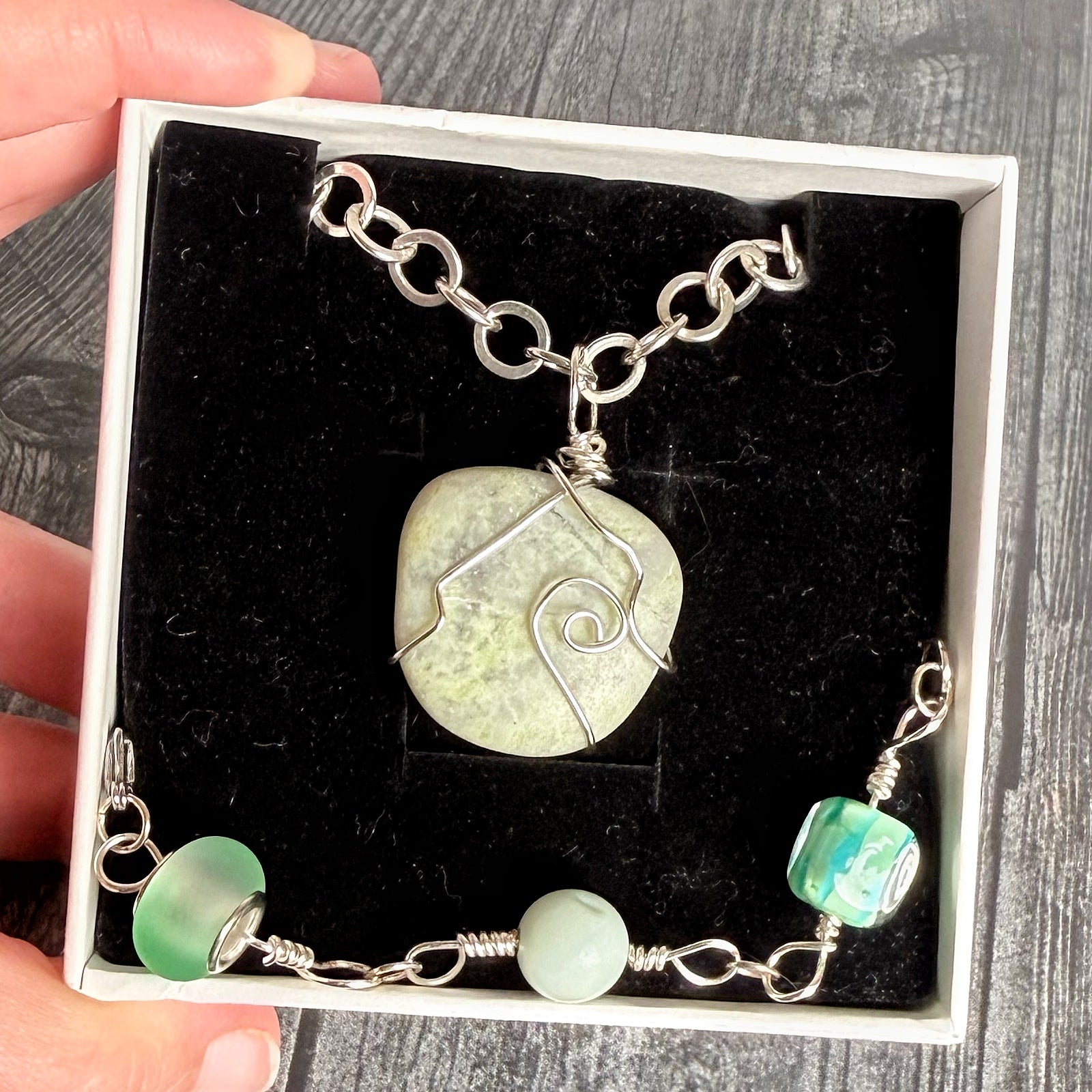 Dewdrops and Lilypads Collection -  Handmade Lizardite Necklace and Matching Amazonite and Glass Bracelet