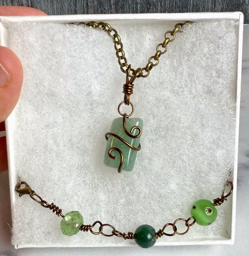 Druid's Keep Collection - Handmade Sage Necklace and Agate Link Bracelet - Simply Rustic Jewelry