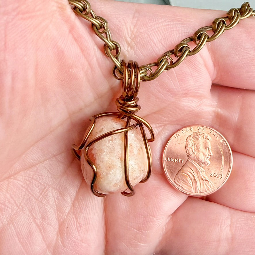 Raw Sienna Necklace - Handmade, Wire Wrapped Sunstone Pendant Necklace