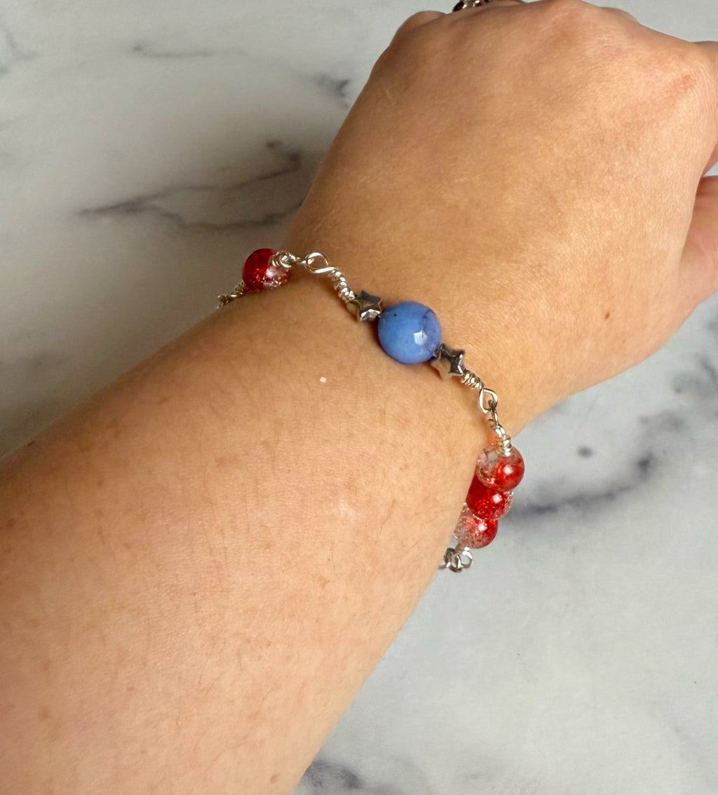 Star Spangled Bracelet -Link Bracelet - Crackle Glass, Dragon's Vein Agate, Metal Star Beads