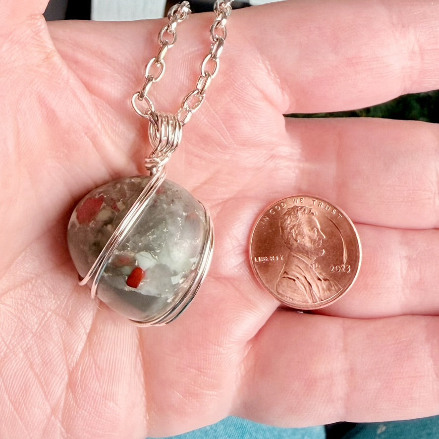 Tinsel and Timber Necklace -Handmade Wire Wrapped Bloodstone Crystal Pendant