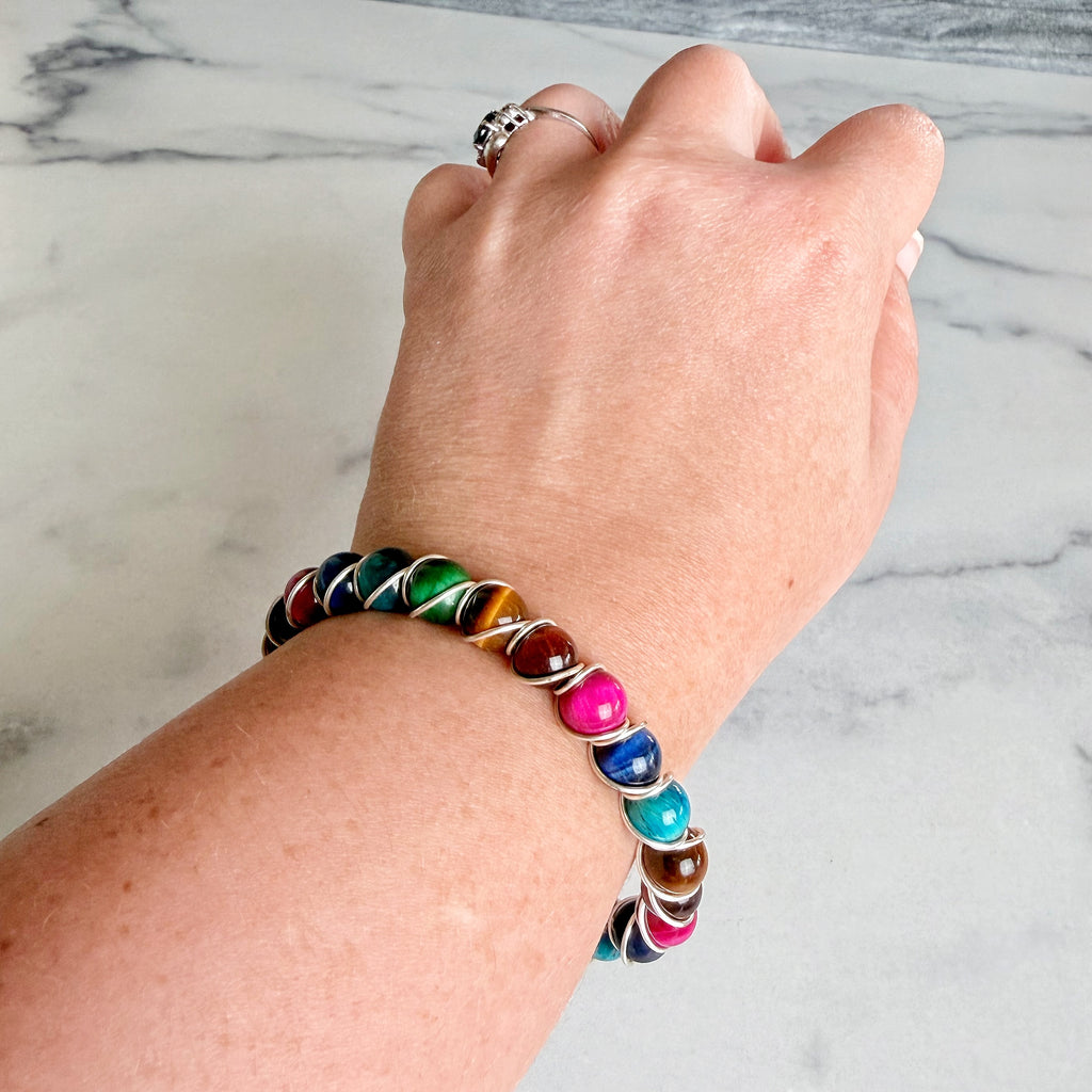 Handmade Pop of Color Wire Wrapped Tiger's Eye Bracelet
