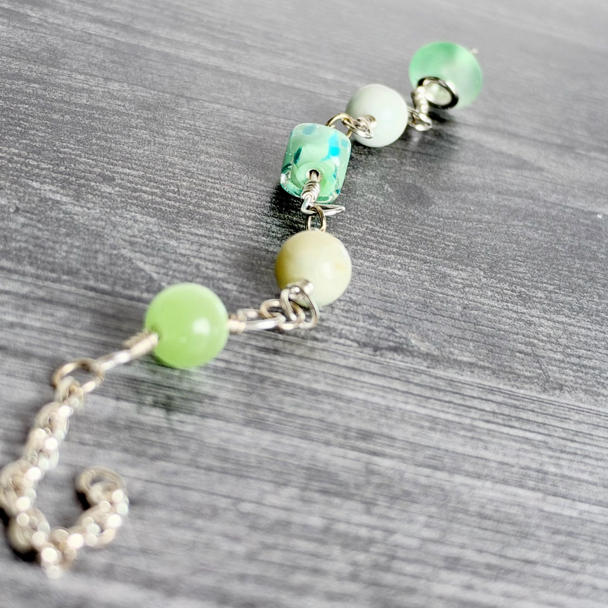 Dewdrops and Lilypads Bracelet - Amazonite and Glass Link Bracelet