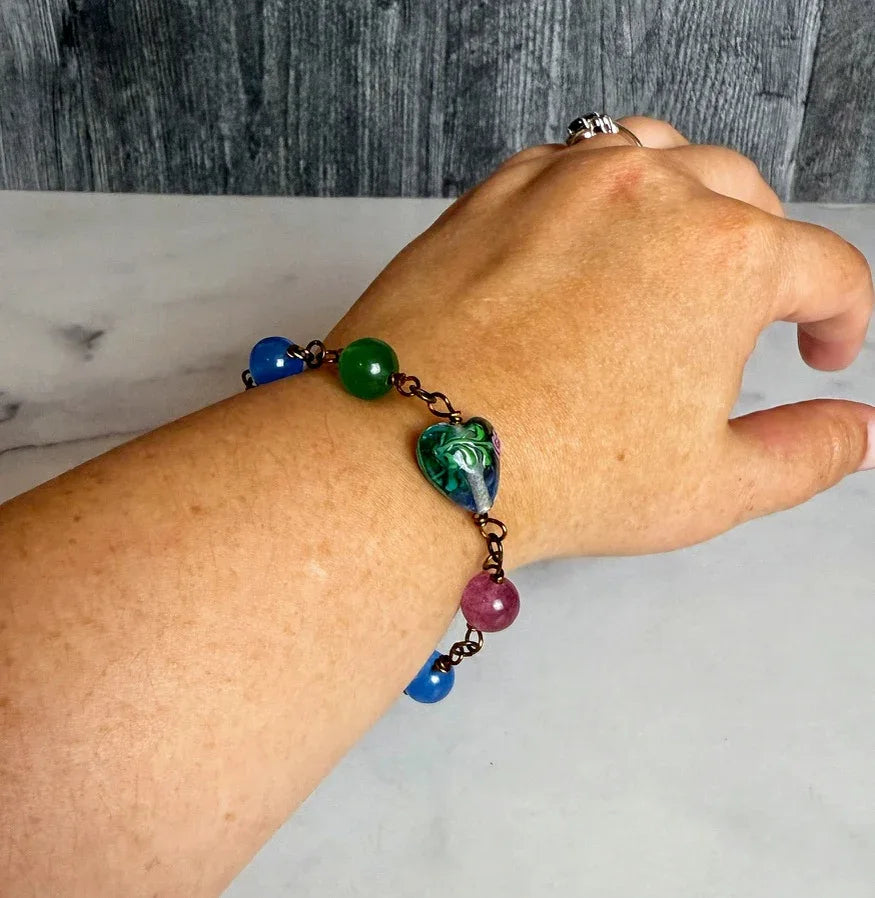 Blooming Hearts Bracelet - Handmade Link Bracelet With Glass Beads - Simply Rustic Jewelry