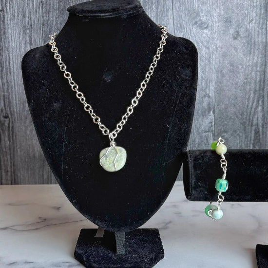 Dewdrops and Lilypads Collection - Handmade Lizardite Necklace and Matching Amazonite and Glass Bracelet - Simply Rustic Jewelry