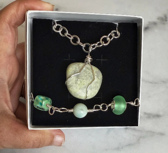 Dewdrops and Lilypads Collection - Handmade Lizardite Necklace and Matching Amazonite and Glass Bracelet - Simply Rustic Jewelry