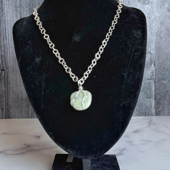 Dewdrops & Lillypads Necklace - Handmade Lizardite Pendant Necklace - Simply Rustic Jewelry
