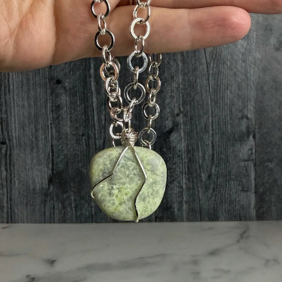 Dewdrops and Lilypads Collection - Handmade Lizardite Necklace and Matching Amazonite and Glass Bracelet - Simply Rustic Jewelry