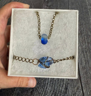 Echoes Of Blue Collection - Matching Glass Bead Necklace and Sea Glass Bracelet Set - Simply Rustic Jewelry