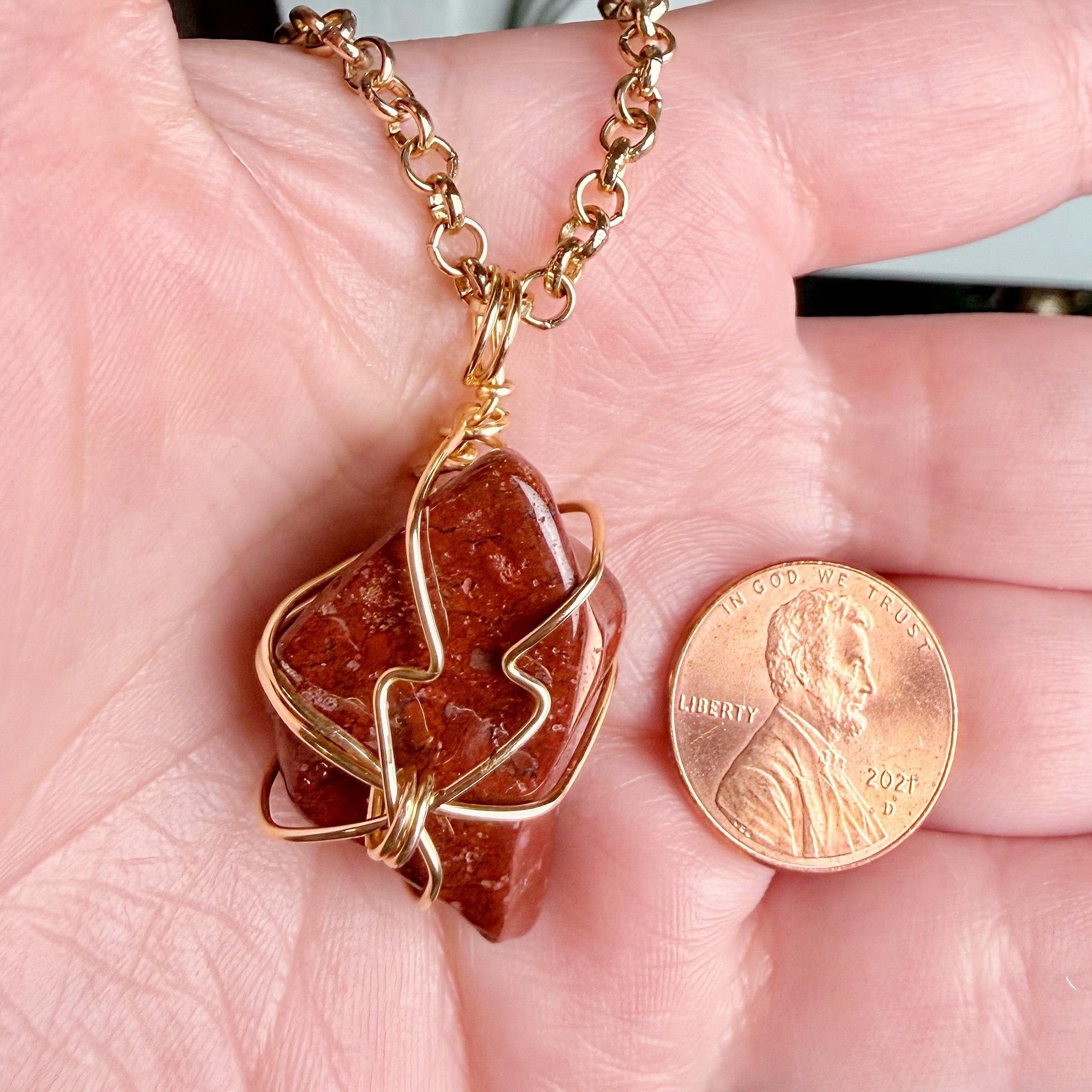 Crimson Sunburst Necklace -Simple Jasper wire wrapped crystal pendant