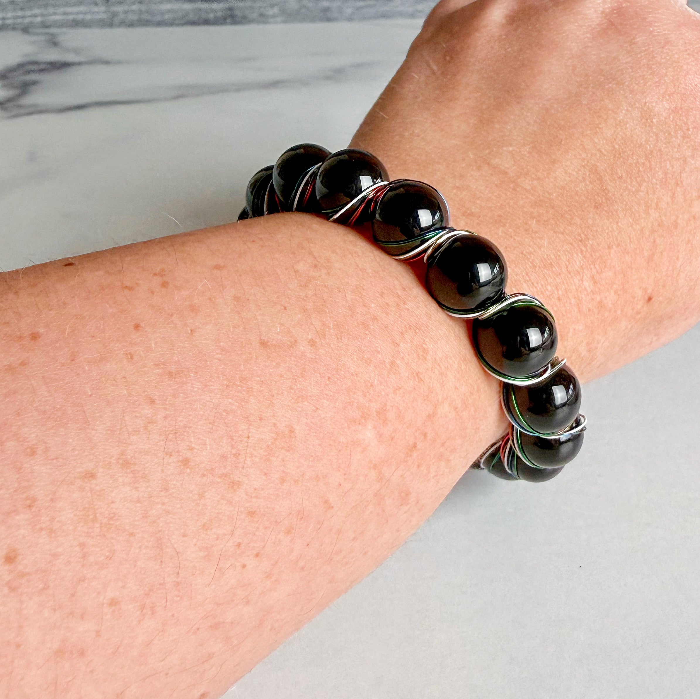 Strength in Color Bracelet - Obsidian Beaded Bracelet With Wire Wrapping