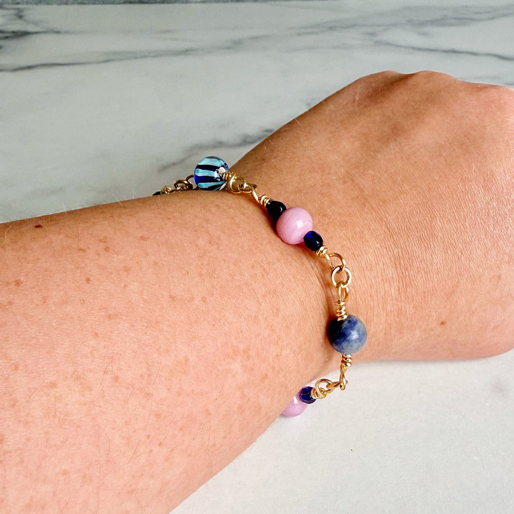 Swirls Of Stardust Bracelet - Handmade Glass and Agate Link Bracelet