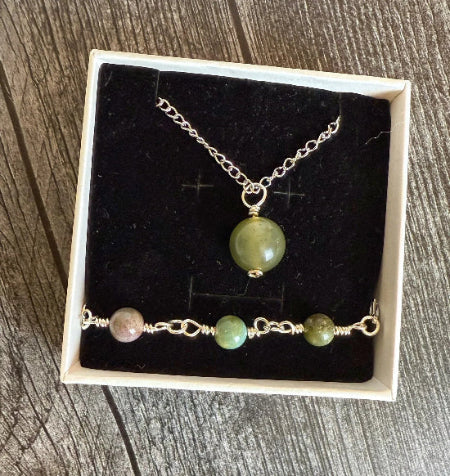 Garnet Moss Collection - Handmade Matching Garnet Necklace and Moss Agate Bracelet Set - Simply Rustic Jewelry