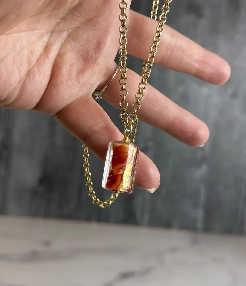 Gold and Poppy Necklace - Handmade Glass Beaded Necklace - Simply Rustic Jewelry