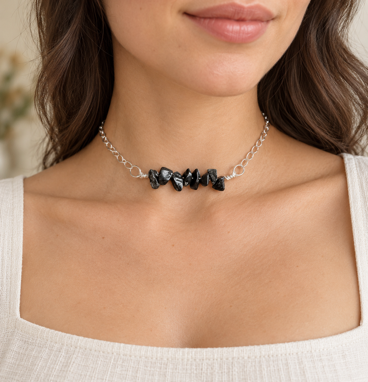 Obsidian Dreams Necklace - Obsidian bead chip choker