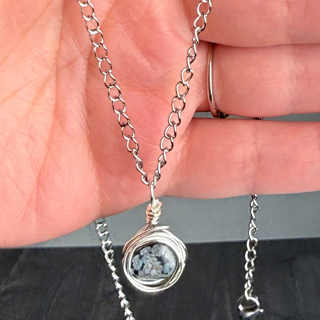 Onyx Halo Necklace - Snowflake Obsidian Handmade Wire Wrapped Necklace