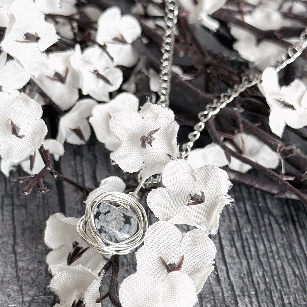 Onyx Halo Necklace - Snowflake Obsidian Handmade Wire Wrapped Necklace