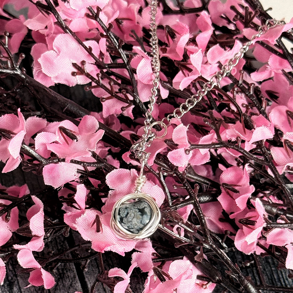 Onyx Halo Necklace - Snowflake Obsidian Handmade Wire Wrapped Necklace