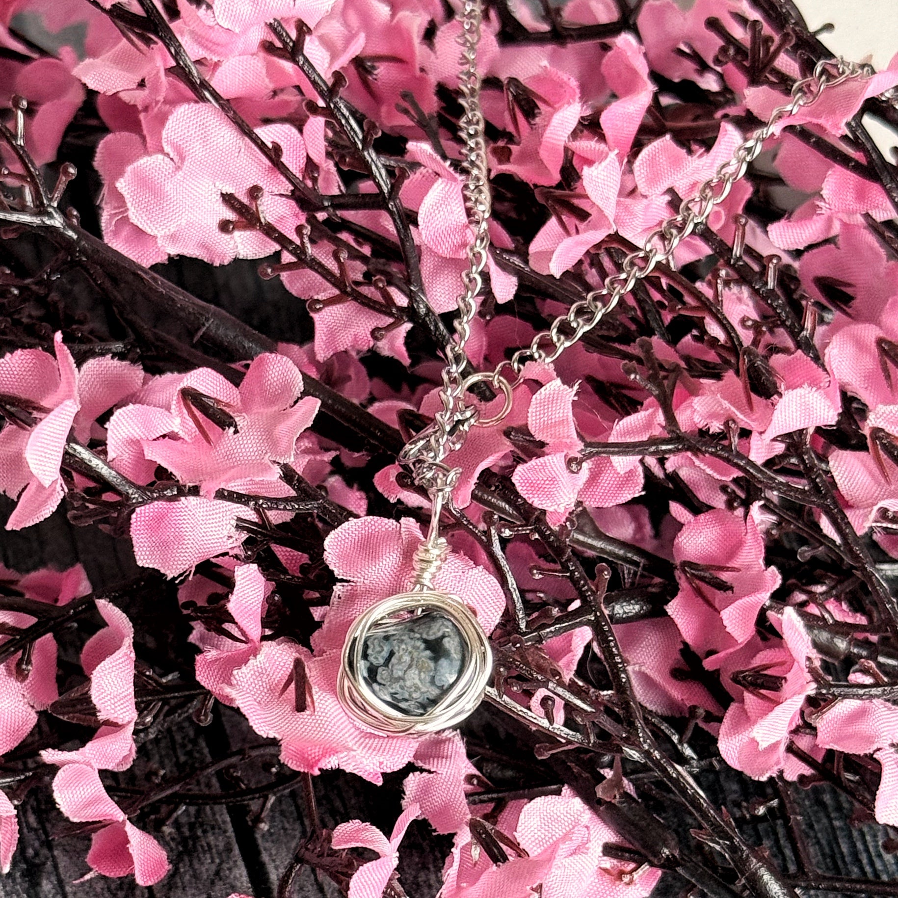 Onyx Halo Necklace - Snowflake Obsidian Handmade Wire Wrapped Necklace