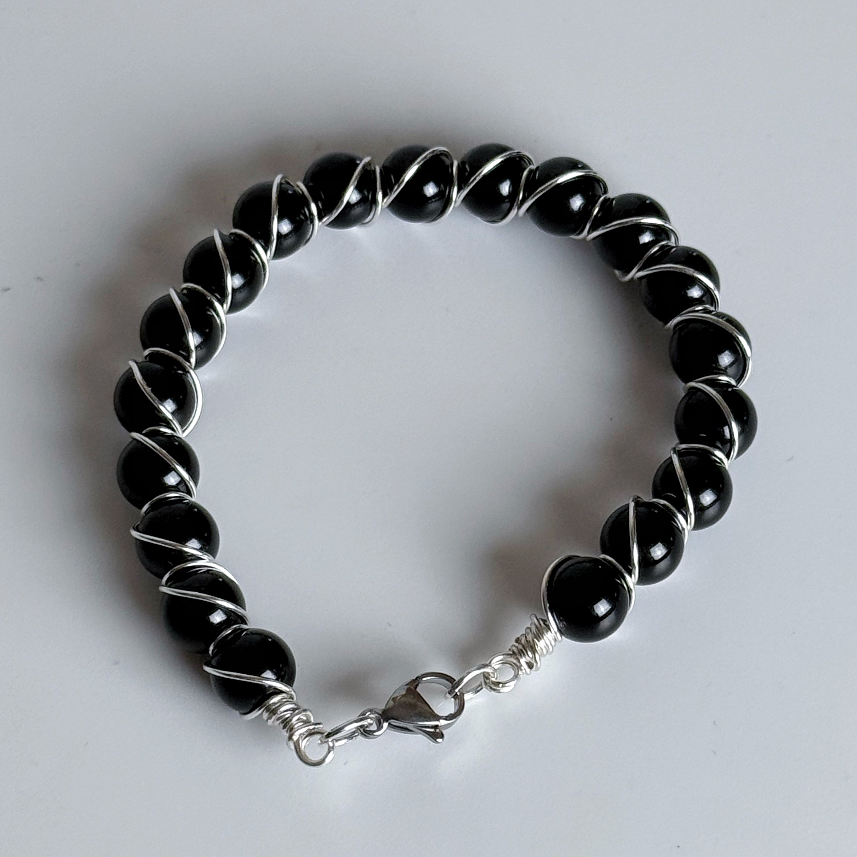 Obsidian Halo Bracelet - banded and Wire Wrapped Onyx Bracelet