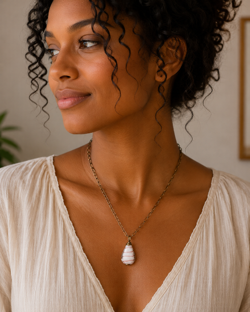 Woman wearing a necklace with a pendant, looking to the side.