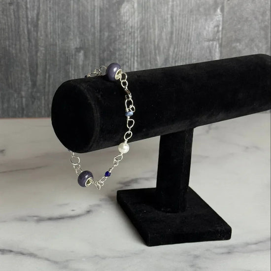 Opal Breeze Bracelet - Handmade Glass , Sodalite and Pearl Link Bracelet - Simply Rustic Jewelry