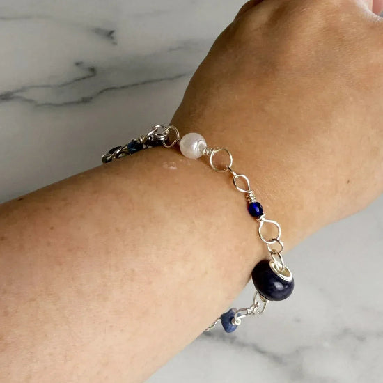 Opal Breeze Bracelet - Handmade Glass , Sodalite and Pearl Link Bracelet - Simply Rustic Jewelry